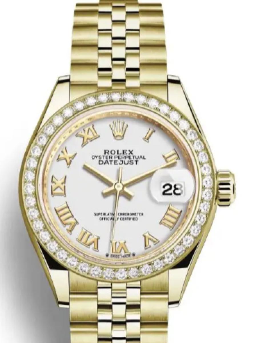 ロレックス レディデイトジャスト 279138rbr-0032 ホワイト イエローゴールド　ダイヤモンドベゼル　ローマインデックス レディース　28ｍｍ　キャリバー 2236　パワーリザーブ 約55時間(新品未使用)