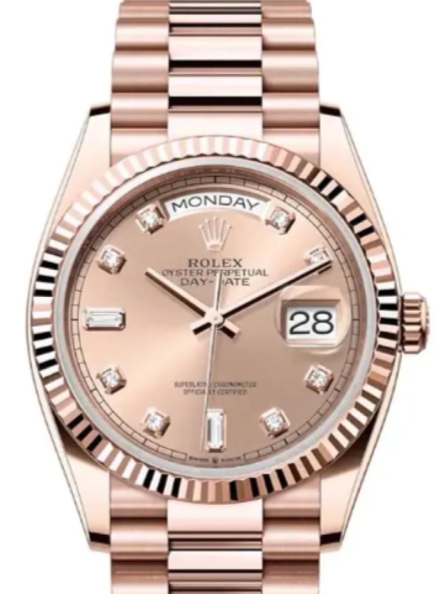 ロレックス デイデイト 128235-0009 ロゼ エバーローズゴールド　ダイヤインデックス　デイデイト　ロゼダイヤル ユニセックス　36ｍｍ　キャリバー 3255　パワーリザーブ 約70時間　プレジデントブレス(新品未使用)
