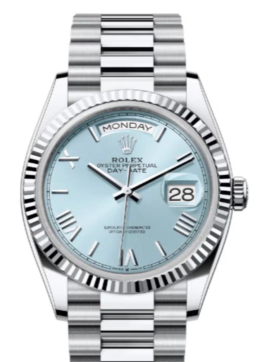 ロレックス デイデイト 128236-0018 アイスブルー プラチナ　ローマインデックス メンズ　40ｍｍ　キャリバー 3255　パワーリザーブ 約70時間(新品未使用)