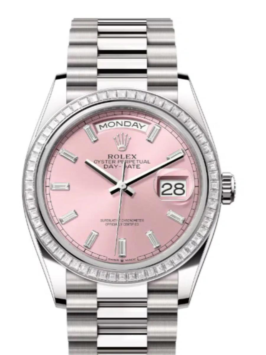 ロレックス デイデイト 128399tbr-0029 ピンク ホワイトゴールド　ダイヤモンドインデックス　ダイヤベゼル ユニセックス　36ｍｍ　キャリバー 3255　パワーリザーブ 約70時間　プレジデントブレス(新品未使用)