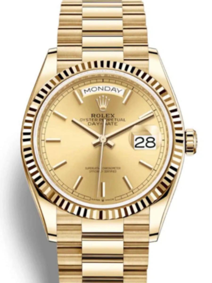 ロレックス デイデイト 128238-0045 シャンパンゴールド イエローゴールド　バーインデックス ユニセックス　36ｍｍ　キャリバー 3255　パワーリザーブ 約70時間　プレジデントブレス(新品未使用)