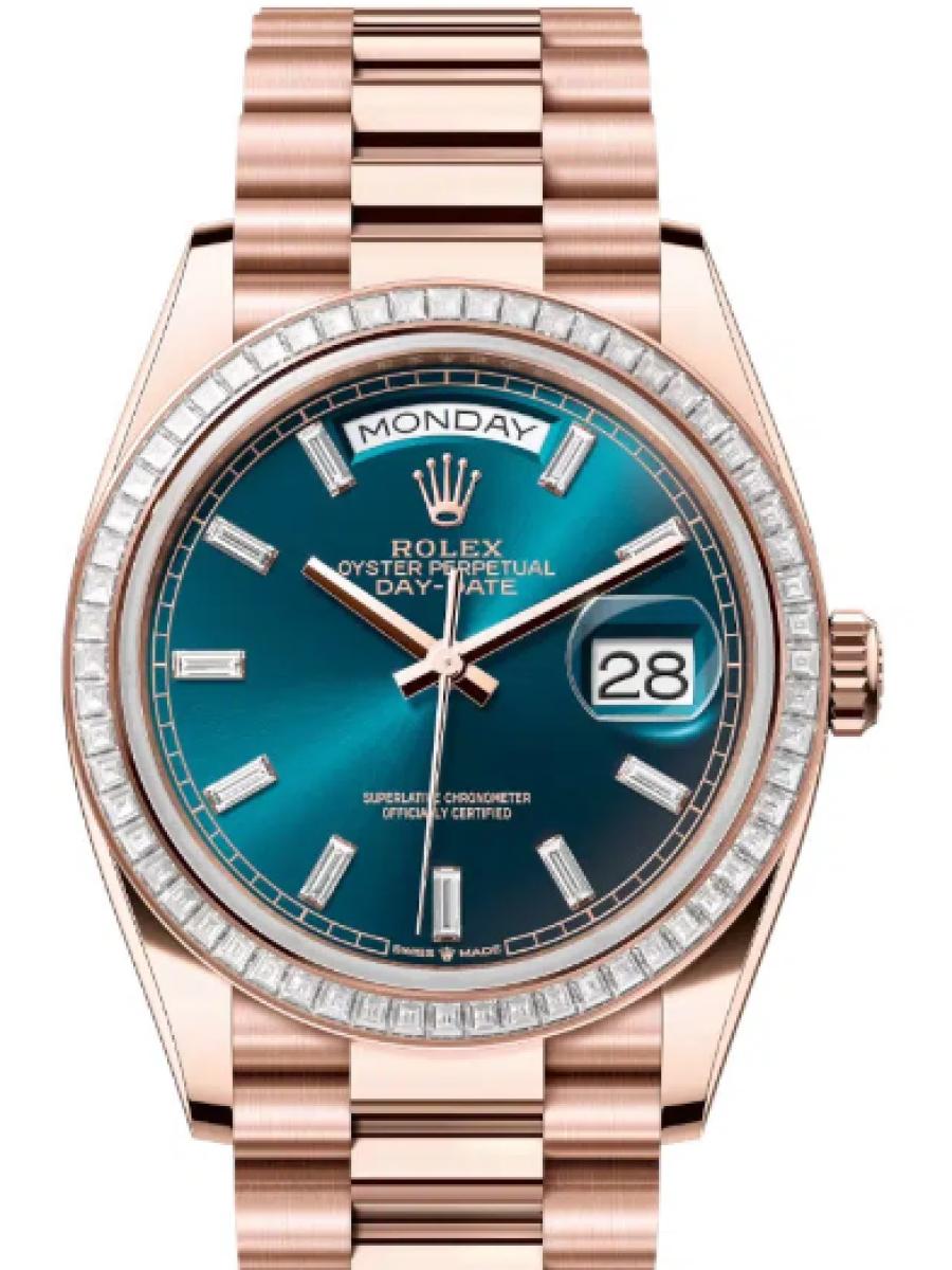 ロレックス デイデイト 128395tbr-0032 ブルーグリーン エバーローズゴールド　ダイヤモンドベゼル　ダイヤインデックス ユニセックス　36ｍｍ　キャリバー 3255　パワーリザーブ 約70時間　プレジデントブレス(新品未使用)