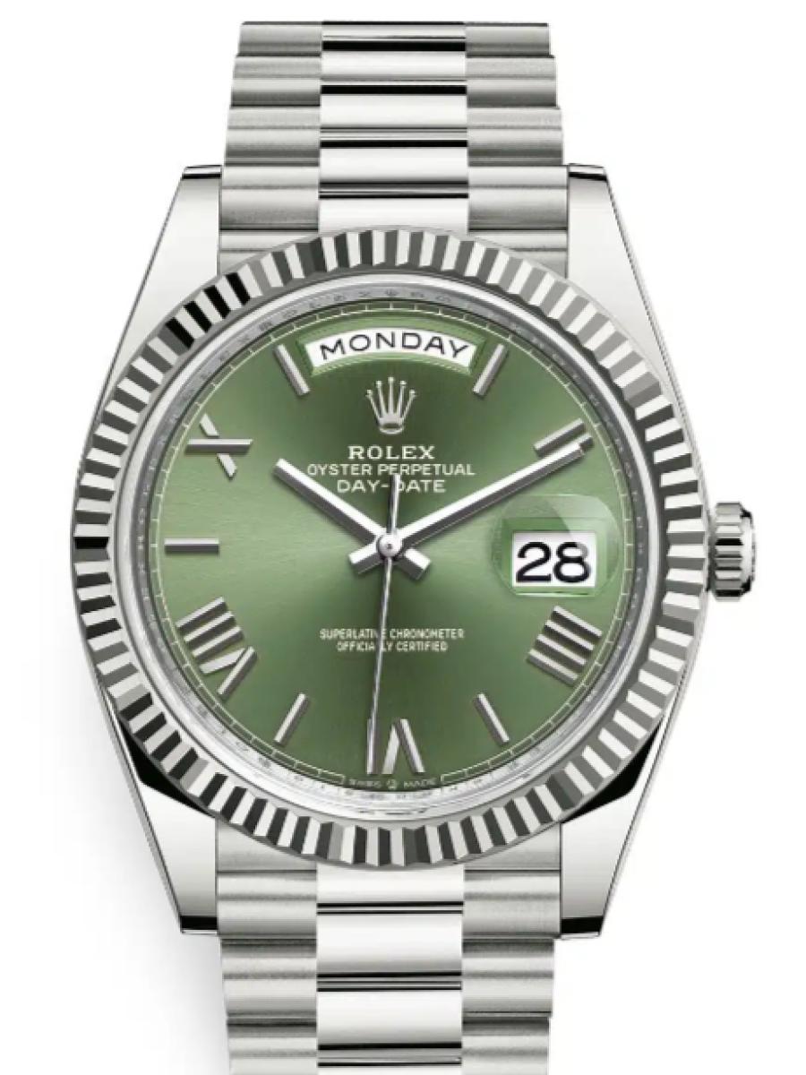 ロレックス デイデイト 228239-0033 オリーブグリーン ホワイトゴールド　オリーブグリーン メンズ　40ｍｍ　キャリバー 3255　パワーリザーブ 約70時間　プレジデントブレス(新品未使用)