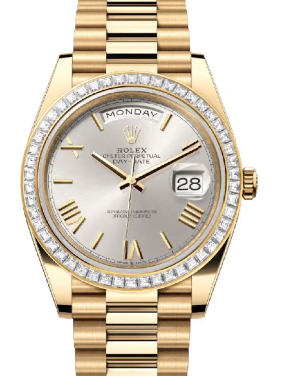 ロレックス デイデイト 228398tbr-0006 シルバー イエローゴールド　ダイヤモンドベゼル　ローマインデックス メンズ　40ｍｍ　キャリバー 3255　パワーリザーブ 約70時間　プレジデントブレス(新品未使用)