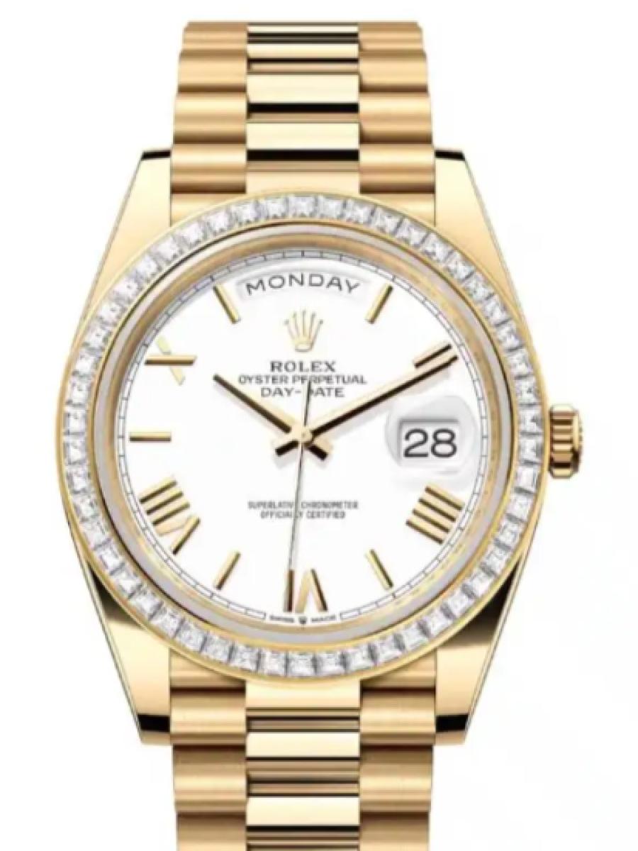 ロレックス デイデイト 228398tbr-0033 ホワイト イエローゴールド　ダイヤモンドベゼル　ローマインデックス メンズ　40ｍｍ　キャリバー 3255　パワーリザーブ 約70時間(新品未使用)