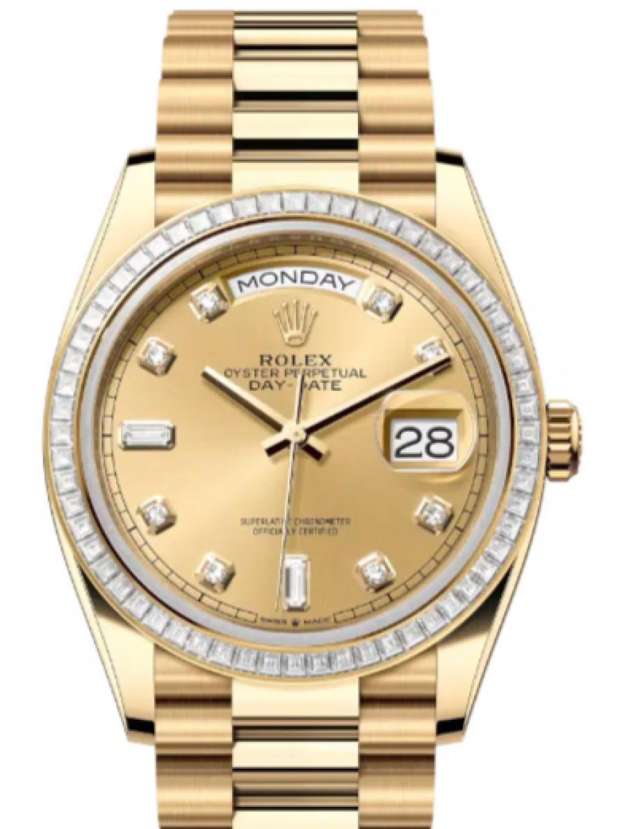 ロレックス デイデイト 128398tbr-0002 シャンパンゴールド イエローゴールド　ダイヤモンドインデックス　ダイヤベゼル ユニセックス　36ｍｍ　キャリバー 3255　パワーリザーブ 約70時間(新品未使用)