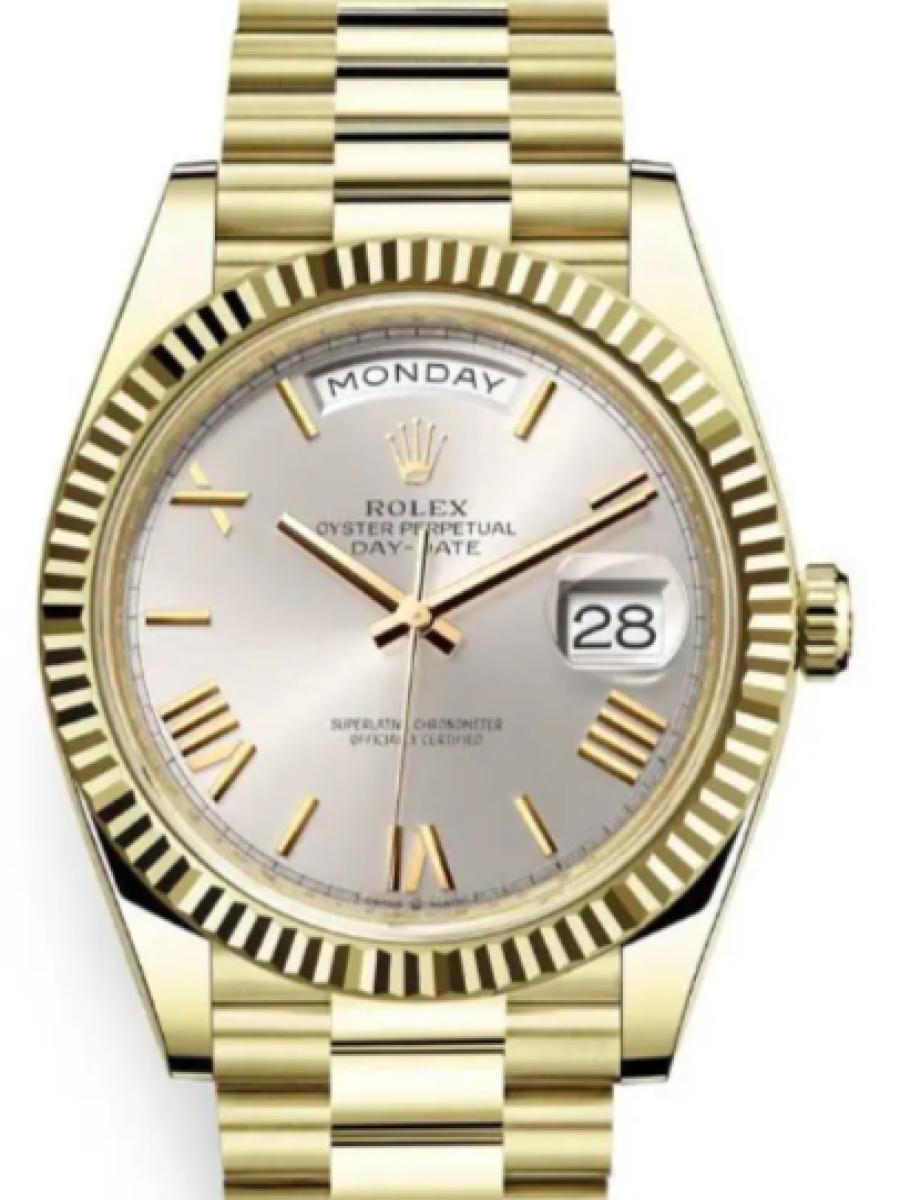 ロレックス デイデイト 228238-0002 シルバー イエローゴールド　シルバーダイヤル　ローマインデックス　フルーテッドベゼル メンズ　40ｍｍ　キャリバー 3255　パワーリザーブ 約70時間(新品未使用)