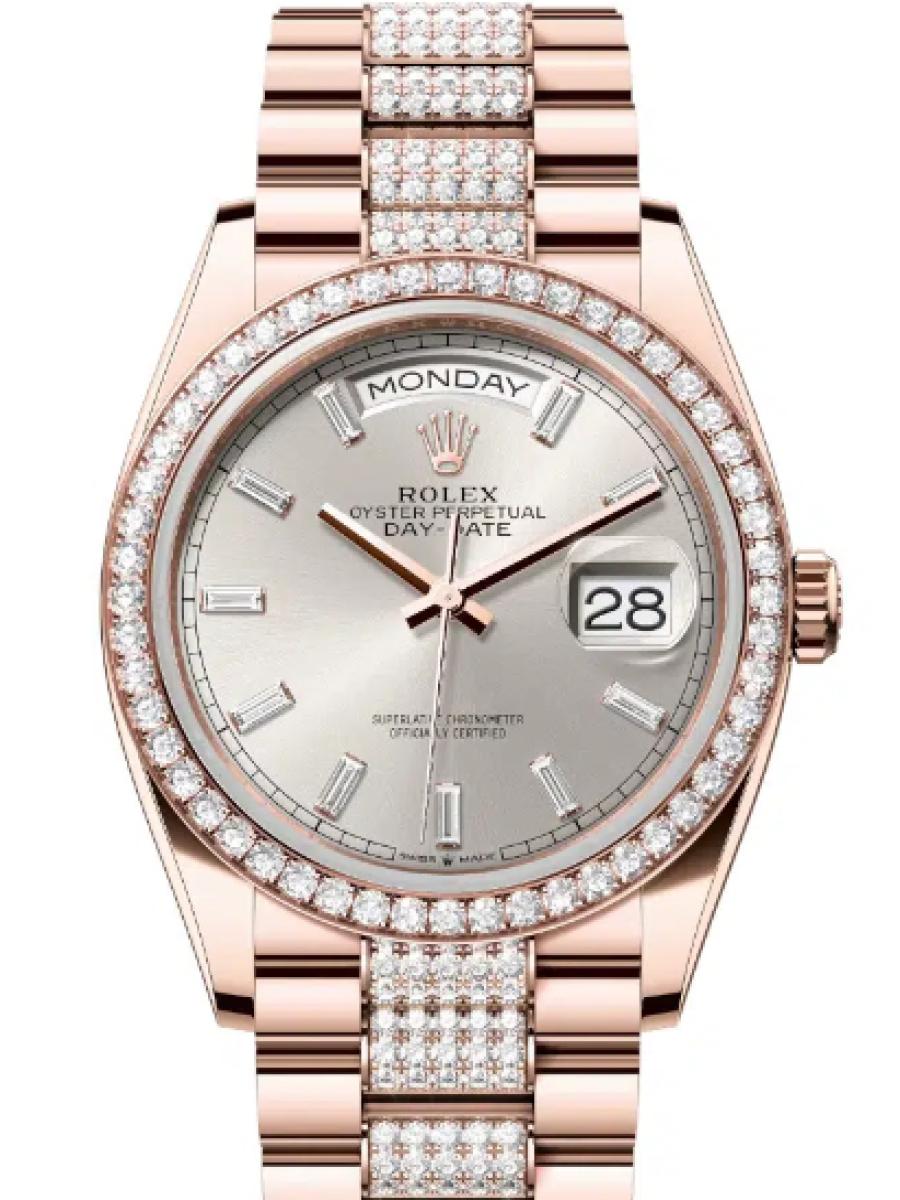 ロレックス デイデイト 128345rbr-0082 シルバー エバーローズゴールド　ダイヤモンドベゼル　ダイヤインデックス　シルバーダイヤル ユニセックス　36ｍｍ　キャリバー 3255　パワーリザーブ 約70時間　(新品未使用)