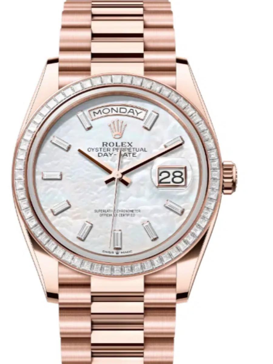 ロレックス デイデイト 128395tbr-0026 マザーオブパール エバーローズゴールド　ダイヤモンドベゼル　ダイヤインデックス　マザーオブパール ユニセックス　36ｍｍ　キャリバー 3255　パワーリザーブ 約70時間　プレジデントブレスｍｍ(新品未使用)