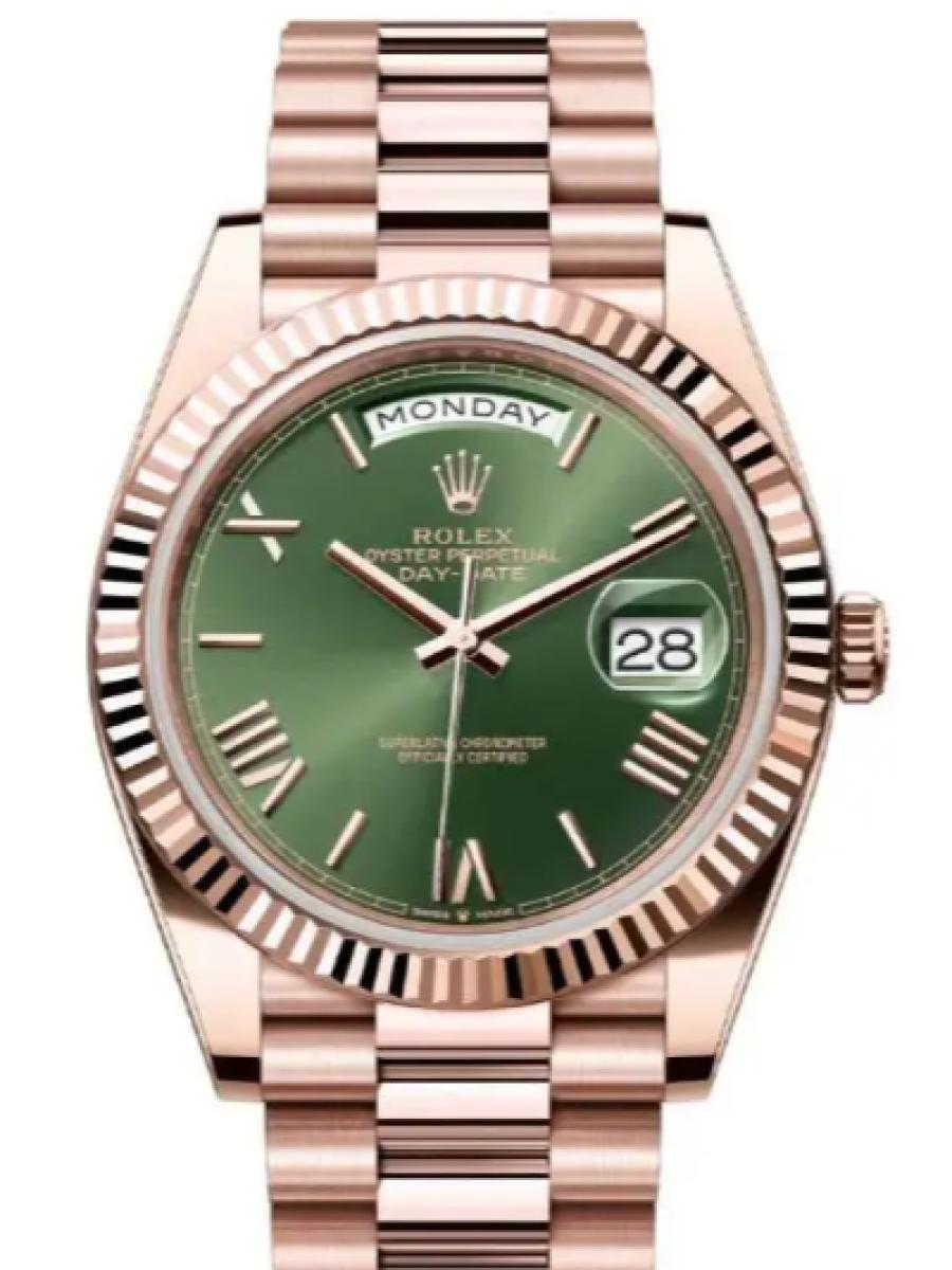 ロレックス デイデイト 228235-0025 オリーブグリーン エバーローズゴールド　オリーブグリーンダイアル　ローマインデックス　フルーテッドベゼル メンズ　40ｍｍ　キャリバー 3255　パワーリザーブ 約70時間(新品未使用)