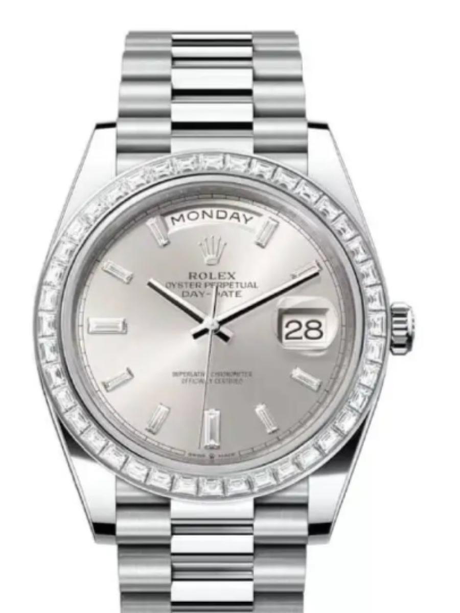 ロレックス デイデイト 228396tbr-0011 シルバー プラチナ　ダイヤモンドベゼル　ダイヤインデックス　シルバーダイヤル メンズ　40ｍｍ　キャリバー 3255　パワーリザーブ 約70時間(新品未使用)