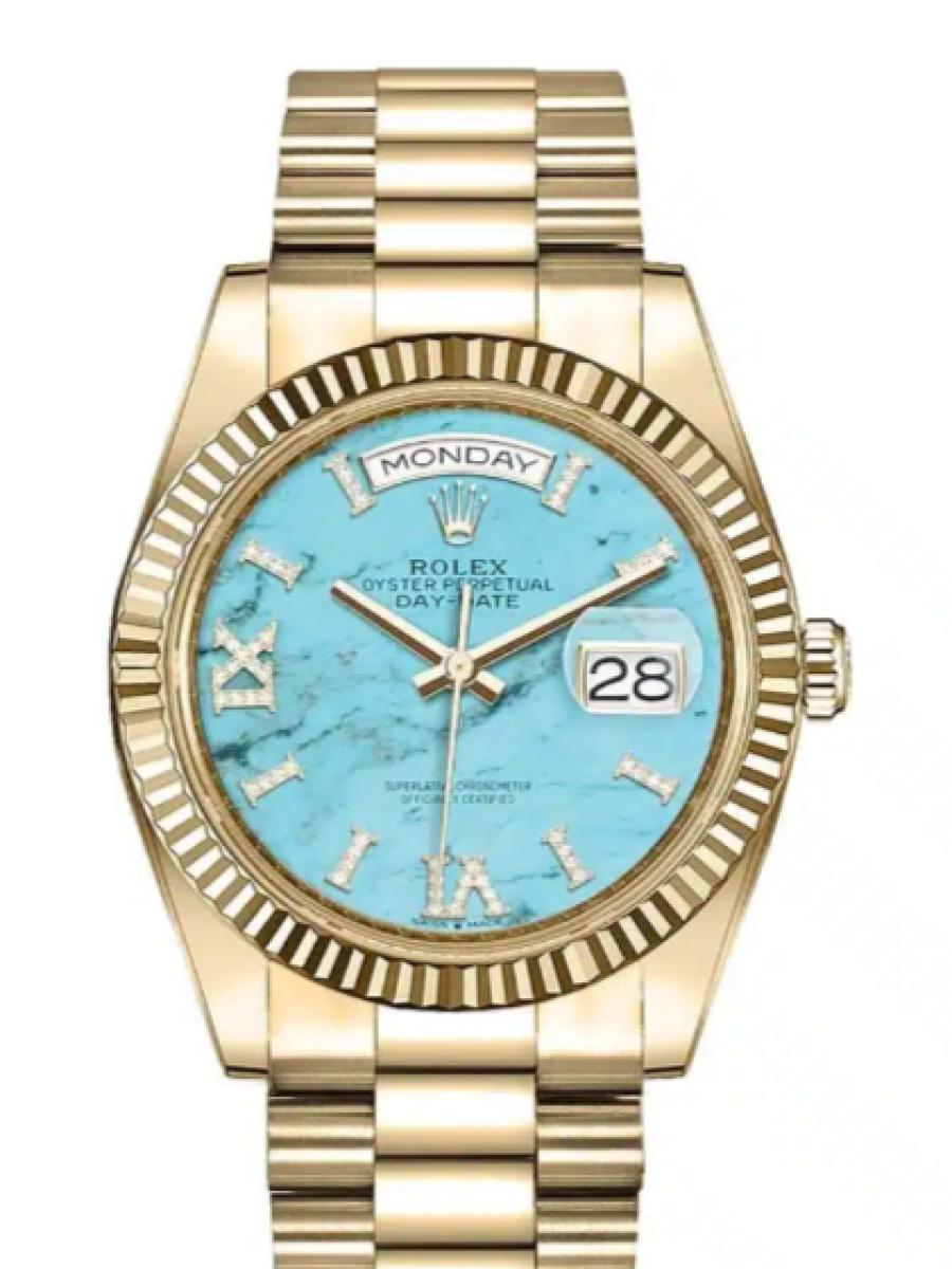 ロレックス デイデイト 128238-0071 ターコイズ イエローゴールド　ローマダイヤインデックス　フルーテッドベゼル　ターコイズ ユニセックス　36ｍｍ　キャリバー 3255　パワーリザーブ 約70時間　プレジデントブレス(新品未使用)