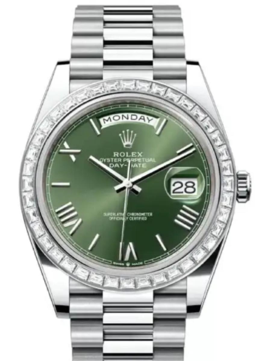 ロレックス デイデイト 228396tbr-0020 オリーブグリーン プラチナ　ダイヤモンドベゼル　ローマインデックス　リーブグリーンダイアル メンズ　40ｍｍ　キャリバー 3255　パワーリザーブ 約70時間(新品未使用)