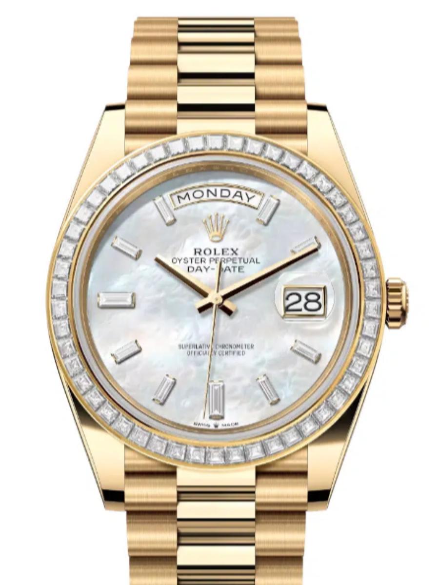 ロレックス デイデイト 228398tbr-0043 マザーオブパール イエローゴールド　ダイヤモンドベゼル　ダイヤインデックス　マザーオブパール メンズ　40ｍｍ　キャリバー 3255　パワーリザーブ 約70時間(新品未使用)