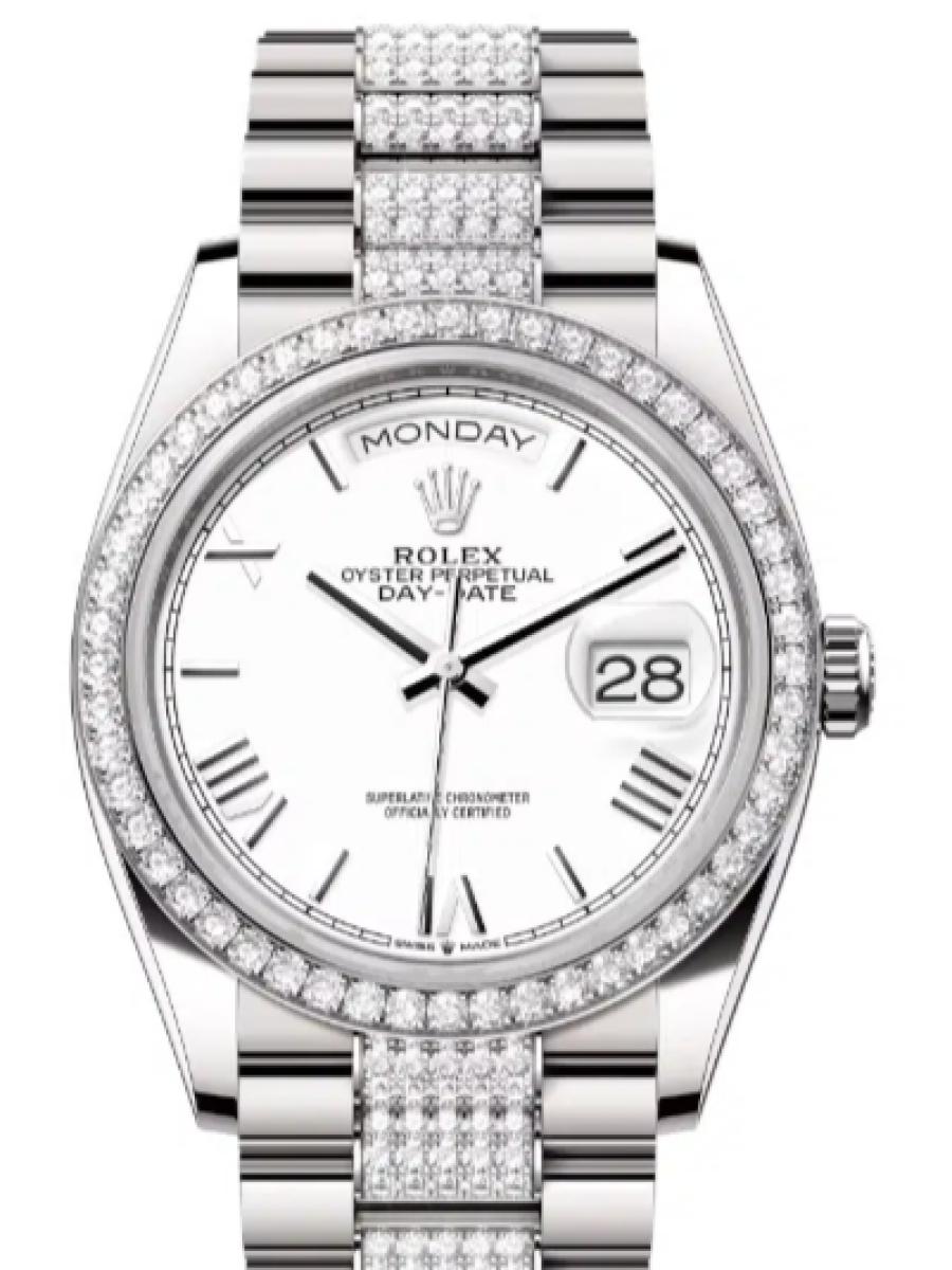 ロレックス デイデイト 128349rbr-0044 ホワイト ホワイトゴールド　ダイヤモンドベゼル　ローマインデックス レディース　36ｍｍ　キャリバー 3255　パワーリザーブ 約70時間(新品未使用)