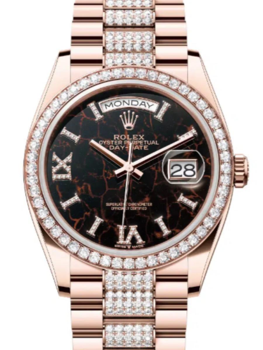 ロレックス デイデイト 128345rbr-0045 アイゼンキーゼル エバーローズゴールド　ダイヤモンドベゼル　ダイヤローマインデックス　アイゼンキーゼル ユニセックス　36ｍｍ　キャリバー 3255　パワーリザーブ 約70時間　プレジデントブレス(新品未使用)