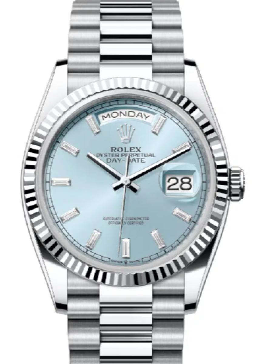 ロレックス デイデイト 128236-0009 アイスブルー プラチナ　ダイヤインデックス　フルーテッドベゼル ユニセックス　36ｍｍ　キャリバー 3255　パワーリザーブ 約70時間　プレジデントブレス(新品未使用)