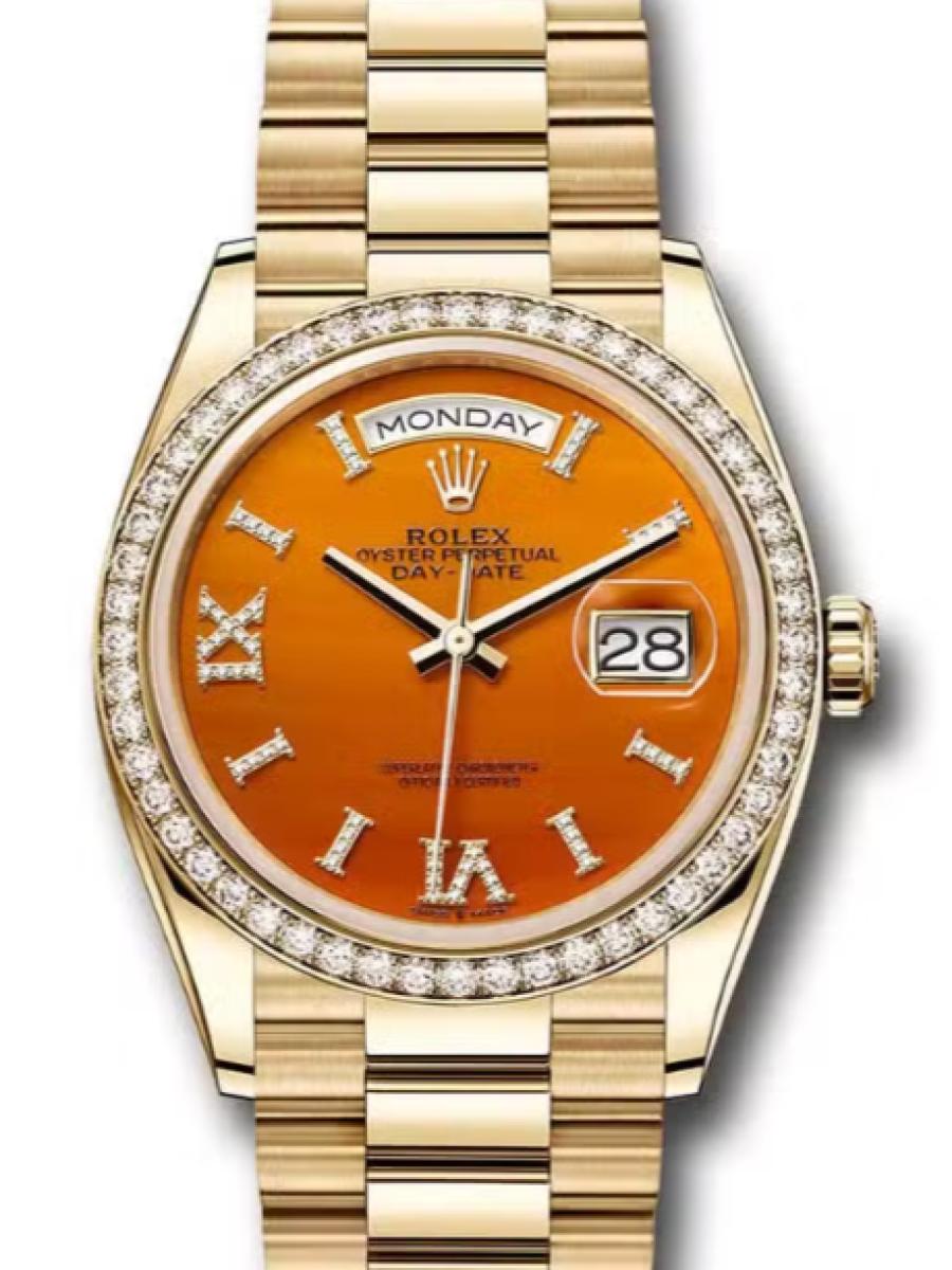 ロレックス デイデイト 128348rbr-0049 カーネリアン イエローゴールド　ダイヤモンドベゼル　ダイヤローマインデックス　カーネリアンダイヤル ユニセックス　36ｍｍ　キャリバー 3255　パワーリザーブ 約70時間　プレジデントブレス(新品未使用)