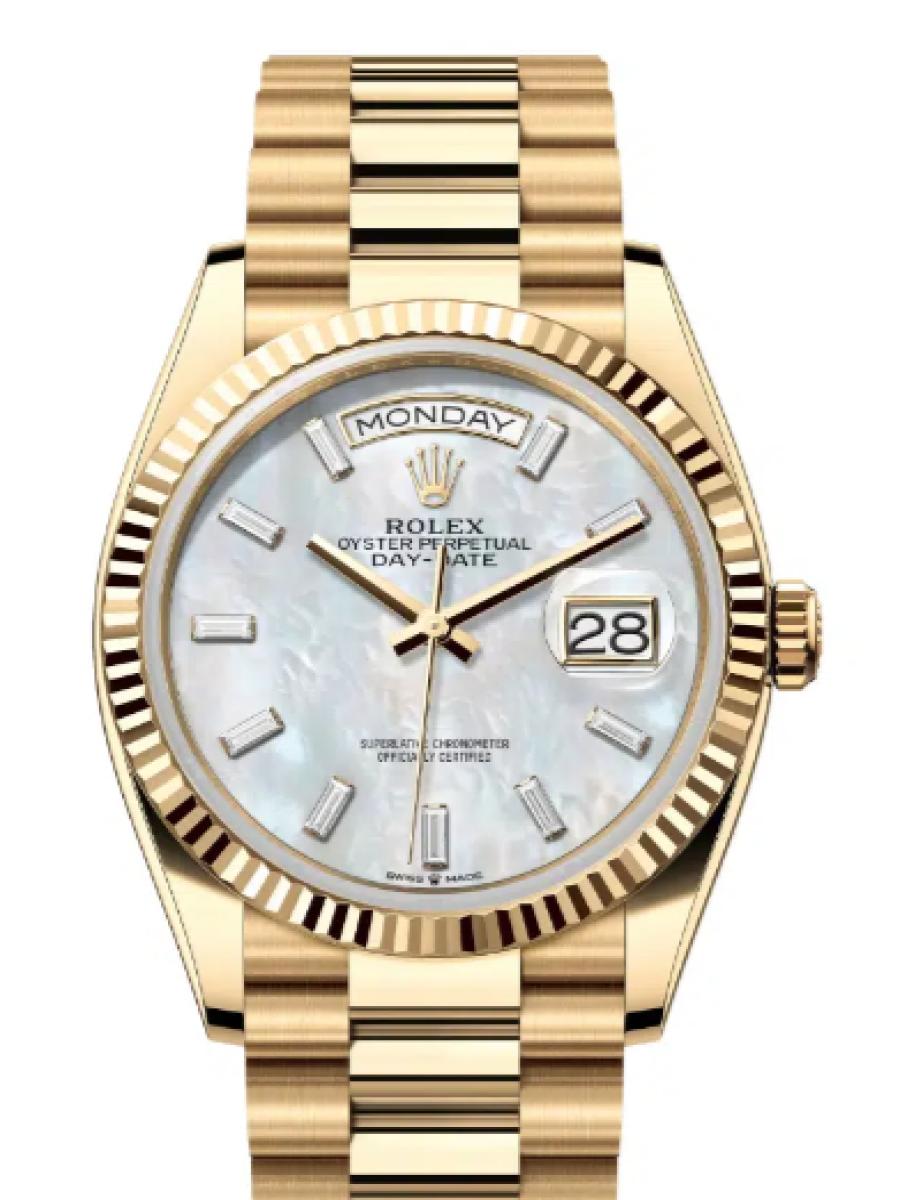 ロレックス デイデイト 128238-0123 マザーオブパール イエローゴールド　ダイヤインデックス　マザーオブパール　128238NA ユニセックス　36ｍｍ　キャリバー 3255　パワーリザーブ 約70時間　プレジデントブレス(新品未使用)