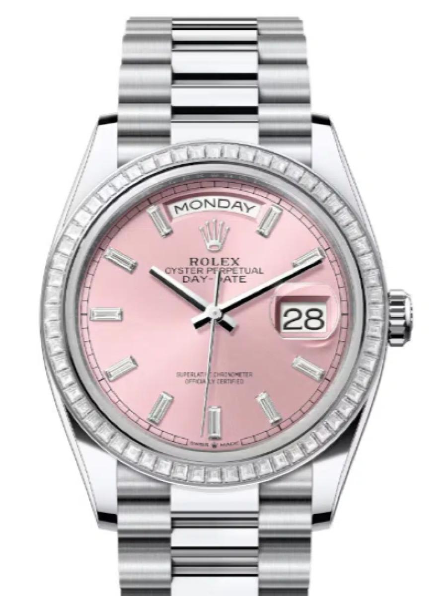 ロレックス デイデイト 128396tbr-0025 ピンク プラチナ　ダイヤモンドベゼル　ダイヤインデックス ユニセックス　36ｍｍ　キャリバー 3255　パワーリザーブ 約70時間　プレジデントブレス(新品未使用)