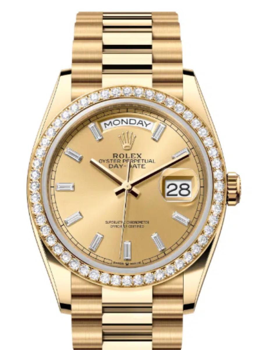 ロレックス デイデイト 128348rbr-0080 シャンパンゴールド イエローゴールド　ダイヤモンドベゼル　ダイヤインデックス　128348RBR ユニセックス　36ｍｍ　キャリバー 3255　パワーリザーブ 約70時間　プレジデントブレス(新品未使用)