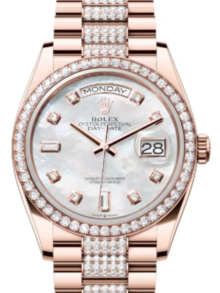 ロレックス デイデイト 128345rbr-0030 マザーオブパール エバーローズゴールド　ダイヤモンドベゼル　ダイヤインデックス　ダイヤプレジデントブレス　128345RBR ユニセックス　36ｍｍ　キャリバー 3255　パワーリザーブ 約70時間　プレジデントブレス(新品未使用)