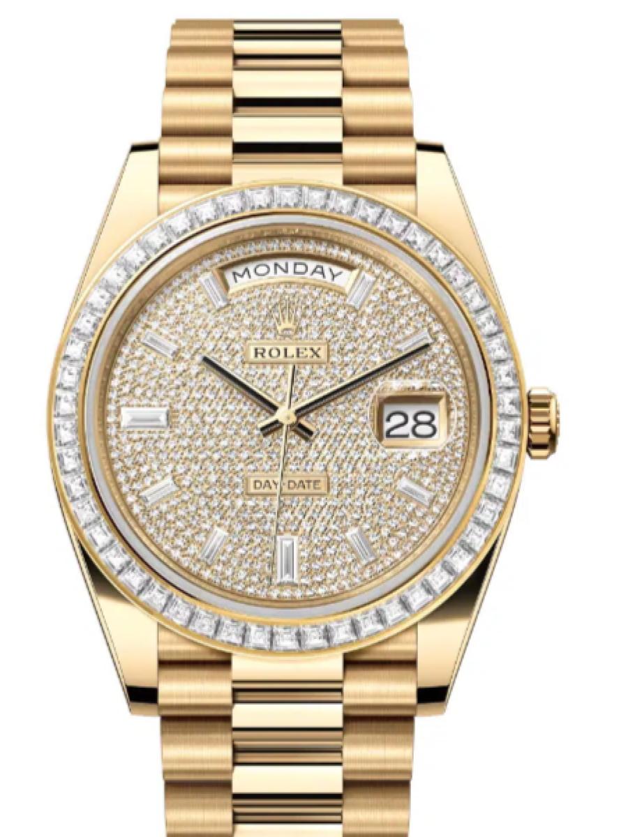ロレックス デイデイト 228398tbr-0036 ダイヤ イエローゴールド　ダイヤモンドダイヤル　ダイヤベゼル　ダイヤインデックス メンズ　40ｍｍ　キャリバー 3255　パワーリザーブ 約70時間　プレジデントブレス(新品未使用)