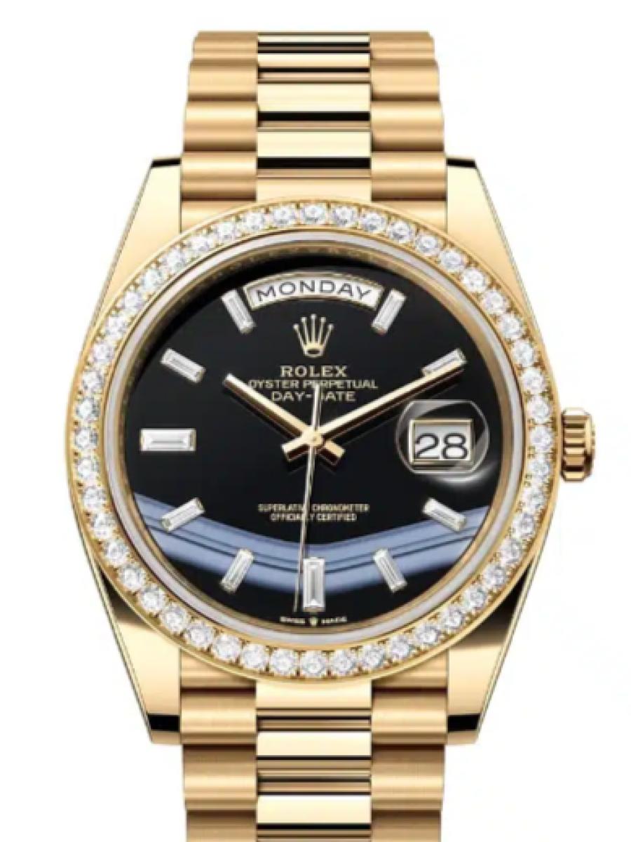 ロレックス デイデイト 228348rbr-0039 オニキス イエローゴールド　ダイヤモンドベゼル　ダイヤインデックス　オニキスダイヤル メンズ　40ｍｍ　キャリバー 3255　パワーリザーブ 約70時間　プレジデントブレス(新品未使用)