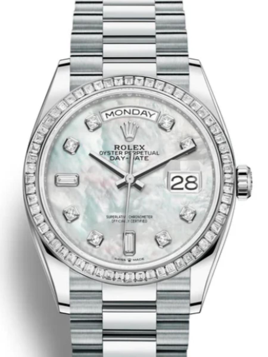 ロレックス デイデイト 128396tbr-0005 マザーオブパール プラチナ　ダイヤモンドベゼル　ダイヤインデックス　128396TBR ユニセックス　36ｍｍ　キャリバー 3255　パワーリザーブ 約70時間　プレジデントブレス(新品未使用)