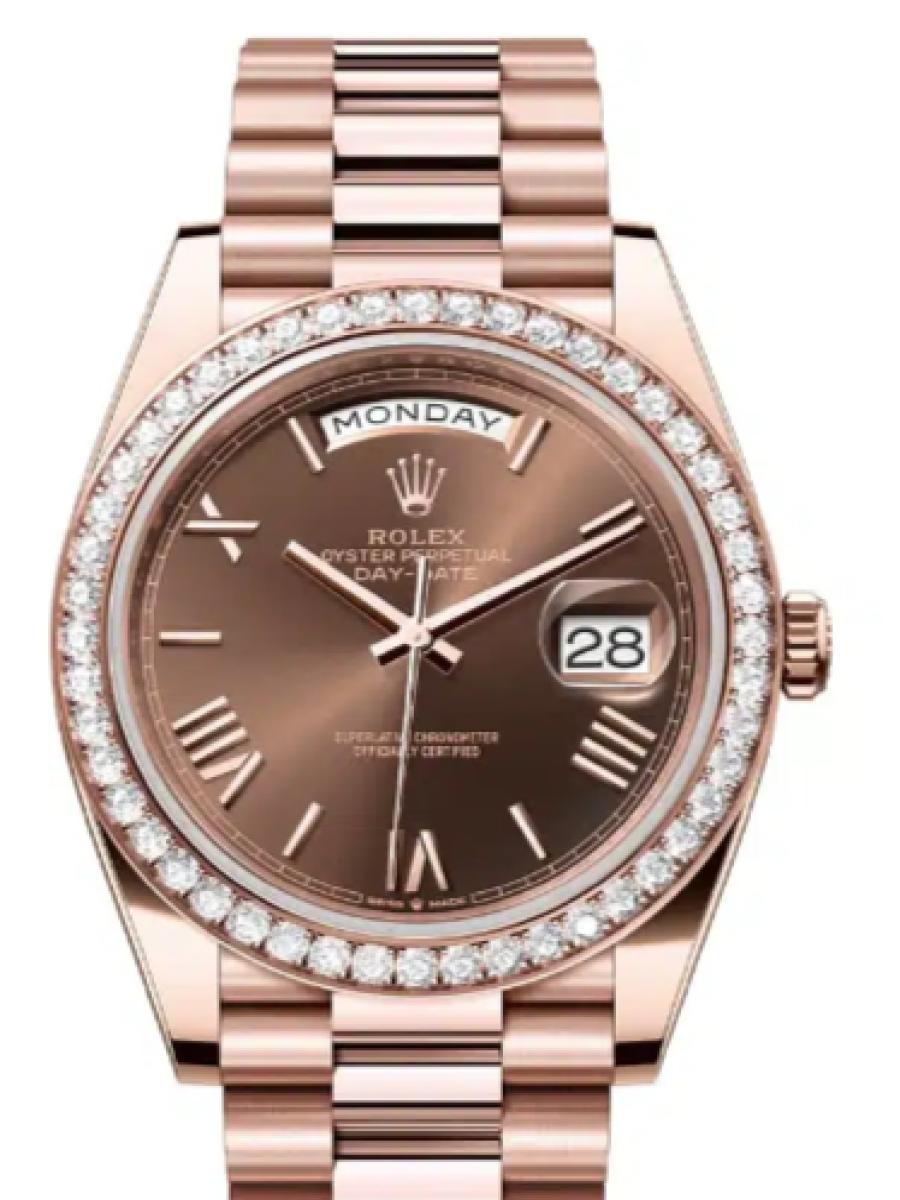 ロレックス デイデイト 228345rbr-0009 チョコレート エバーローズゴールド　ダイヤモンドベゼル　ローマインデックス　228345RBR ユニセックス　36ｍｍ　キャリバー 3255　パワーリザーブ 約70時間　プレジデントブレスユニセックス(新品未使用)