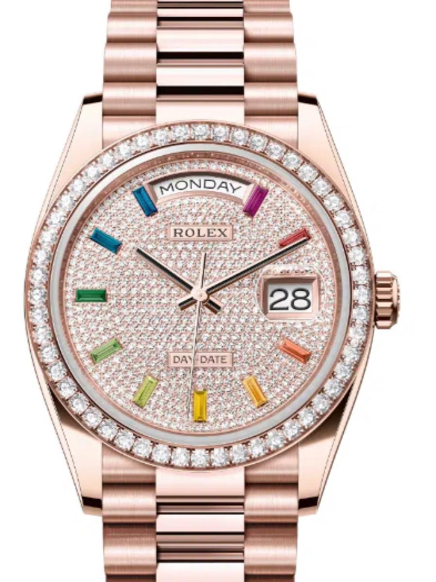 ロレックス デイデイト 128345rbr-0042 パヴェダイヤモンド エバーローズゴールド　ダイヤモンドダイヤル　ダイヤベゼル　サファイヤベゼル　128345RBR ユニセックス　36ｍｍ　キャリバー 3255　パワーリザーブ 約70時間　プレジデントブレス(新品未使用)