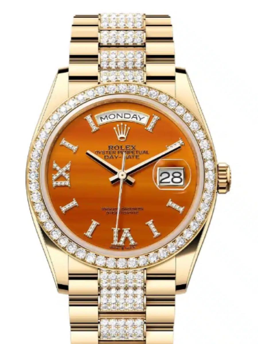 ロレックス デイデイト 128348rbr-0050 カーネリアン イエローゴールド　ダイヤモンドベゼル　ダイヤローマインデックス　128348RBR ユニセックス　36ｍｍ　キャリバー 3255　パワーリザーブ 約70時間　プレジデントブレス(新品未使用)