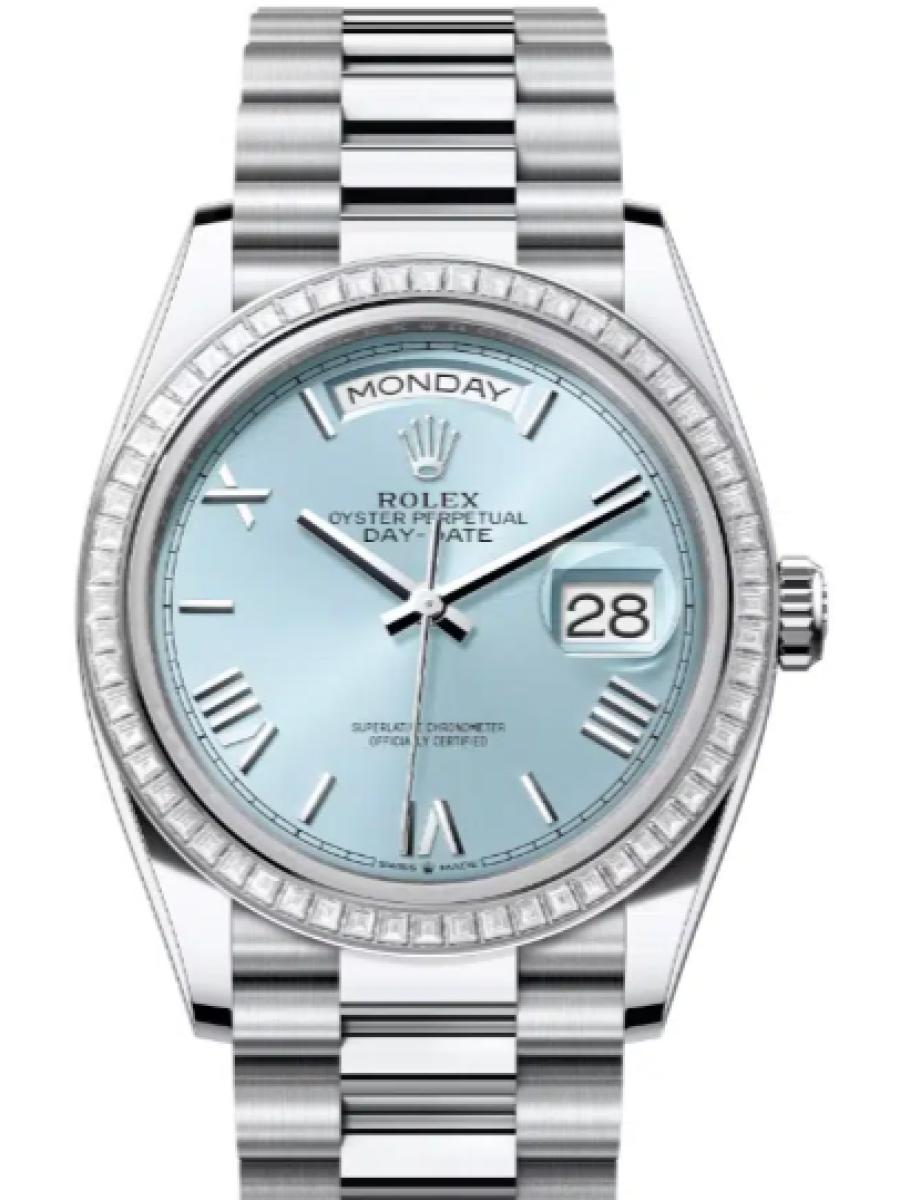 ロレックス デイデイト 128396tbr-0019 アイスブルー プラチナ　ダイヤモンドベゼル　ローマインデックス　 ユニセックス　36ｍｍ　キャリバー 3255　パワーリザーブ 約70時間　プレジデントブレスユニセックス(新品未使用)