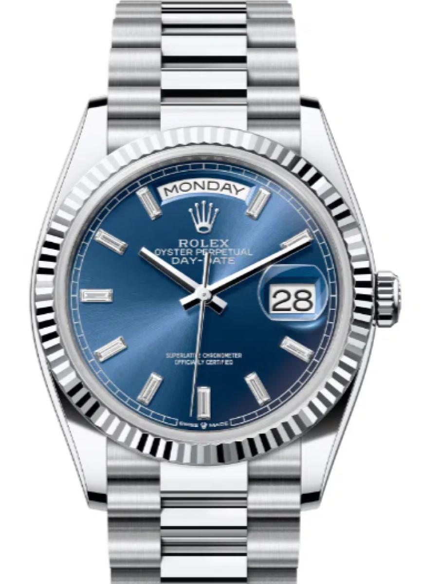 ロレックス デイデイト 128236-0023 ブルー プラチナ　ブルーダイヤル　ダイヤインデックス　 ユニセックス　36ｍｍ　キャリバー 3255　パワーリザーブ 約70時間　プレジデントブレス(新品未使用)