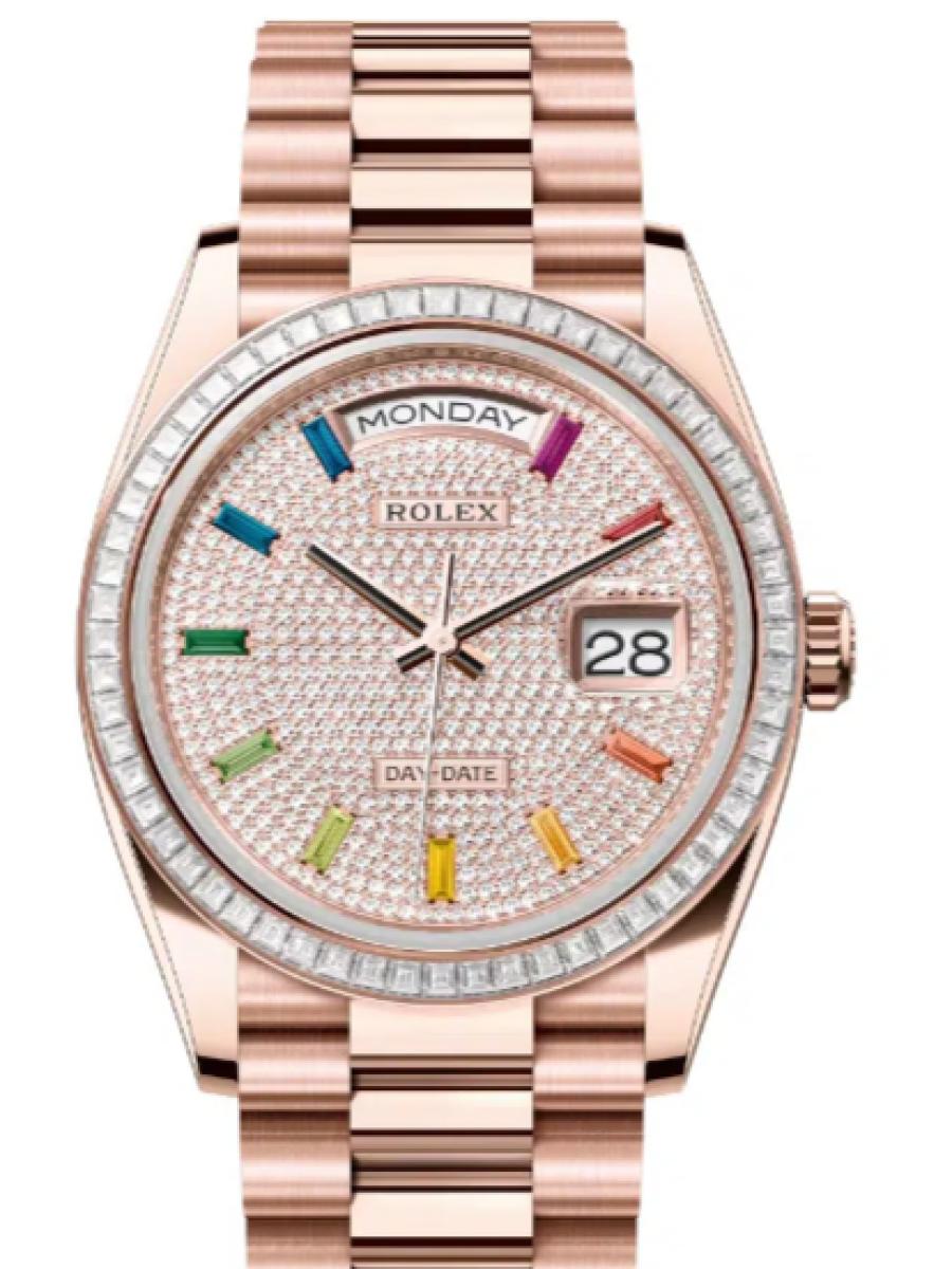 ロレックス デイデイト 128395tbr-0008 ダイヤル エバーローズゴールド　ダイヤモンドベゼル　ダイヤダイヤル　サファイヤインデックス ユニセックス　36ｍｍ　キャリバー 3255　パワーリザーブ 約70時間　プレジデントブレス(新品未使用)