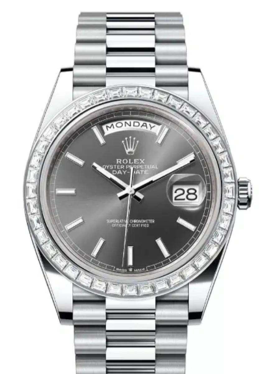 ロレックス デイデイト 228396tbr-0031 スレート プラチナ　ダイヤモンドベゼル　バーインデックス ユニセックス　36ｍｍ　キャリバー 3255　パワーリザーブ 約70時間　プレジデントブレスユニセックス(新品未使用)