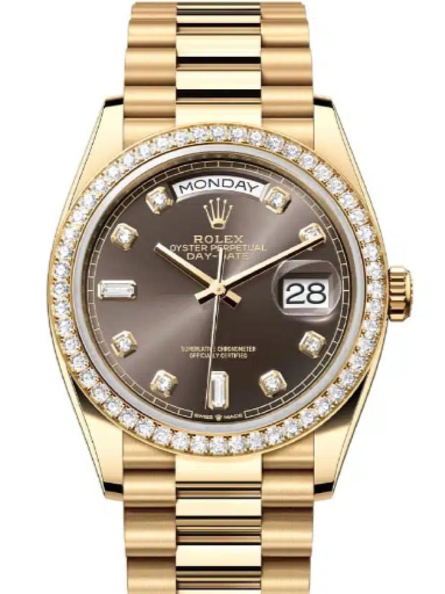 ロレックス デイデイト 128348rbr-0005 ダークグレー イエローゴールド　ダイヤモンドベゼル　ダイヤインデックス ユニセックス　36ｍｍ　キャリバー 3255　パワーリザーブ 約70時間　プレジデントブレス(新品未使用)