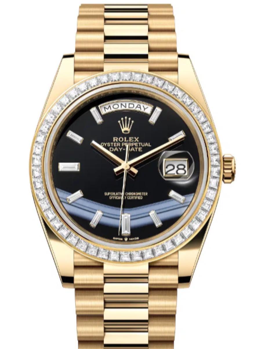ロレックス デイデイト 228398tbr-0038 オニキス イエローゴールド　ダイヤモンドベゼル　ダイヤインデックス　オニキス ユニセックス　36ｍｍ　キャリバー 3255　パワーリザーブ 約70時間　プレジデントブレス(新品未使用)