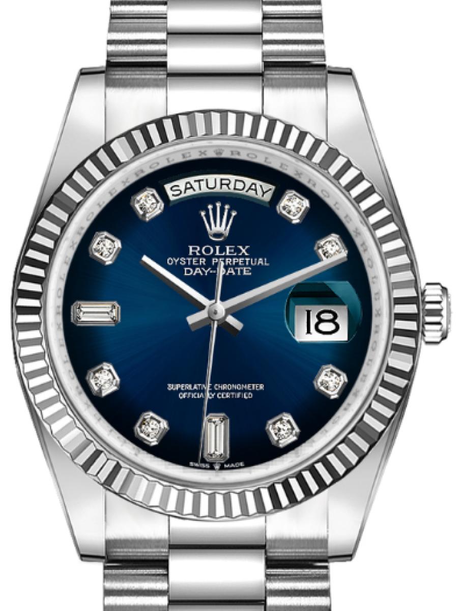 ロレックス デイデイト 128239-0023 ブルーオンブレ ホワイトゴールド　ダイヤインデックス　フルーテッドベゼル ユニセックス　36ｍｍ　キャリバー 3255　パワーリザーブ 約70時間　プレジデントブレス(新品未使用)