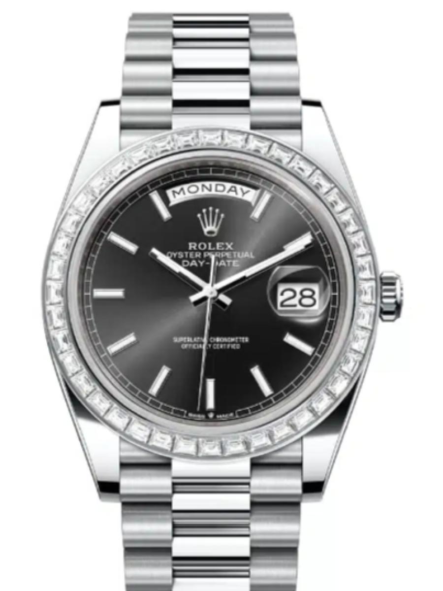 ロレックス デイデイト 228396tbr-0024 ブライトブラック プラチナ　ダイヤモンドベゼル　バーインデックス メンズ　40ｍｍ　キャリバー 3255　パワーリザーブ 約70時間　プレジデントブレス(新品未使用)