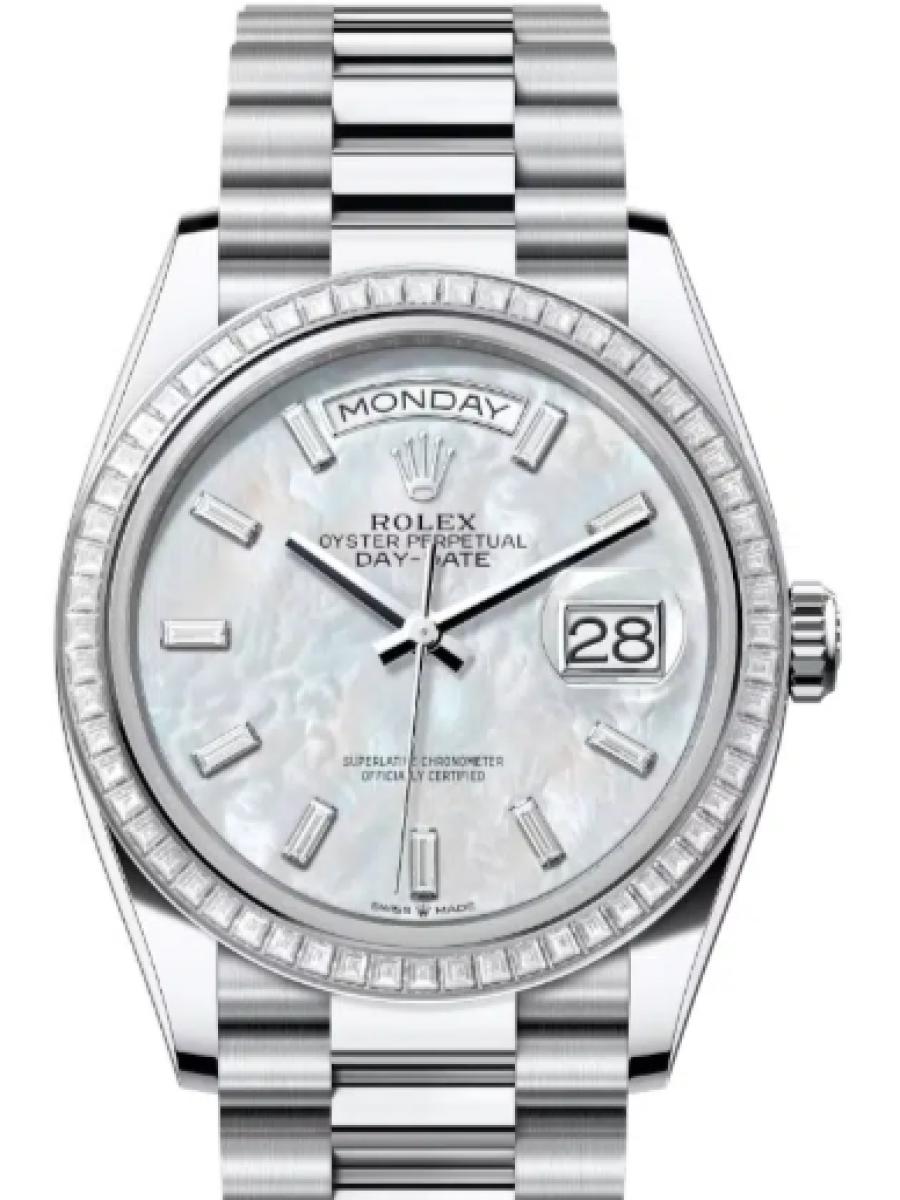 ロレックス デイデイト 128396tbr-0022 マザーオブパール プラチナ　ダイヤモンドベゼル　ダイヤインデックス　 ユニセックス　36ｍｍ　キャリバー 3255　パワーリザーブ 約70時間　プレジデントブレス(新品未使用)