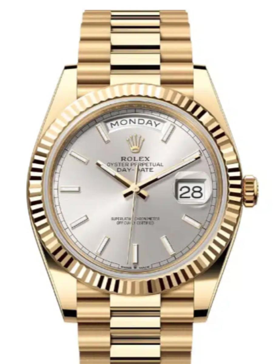 ロレックス デイデイト 228238-0066 シルバー イエローゴールド　バーインデックス　フルーテッドベゼル ユニセックス　36ｍｍ　キャリバー 3255　パワーリザーブ 約70時間　プレジデントブレス(新品未使用)