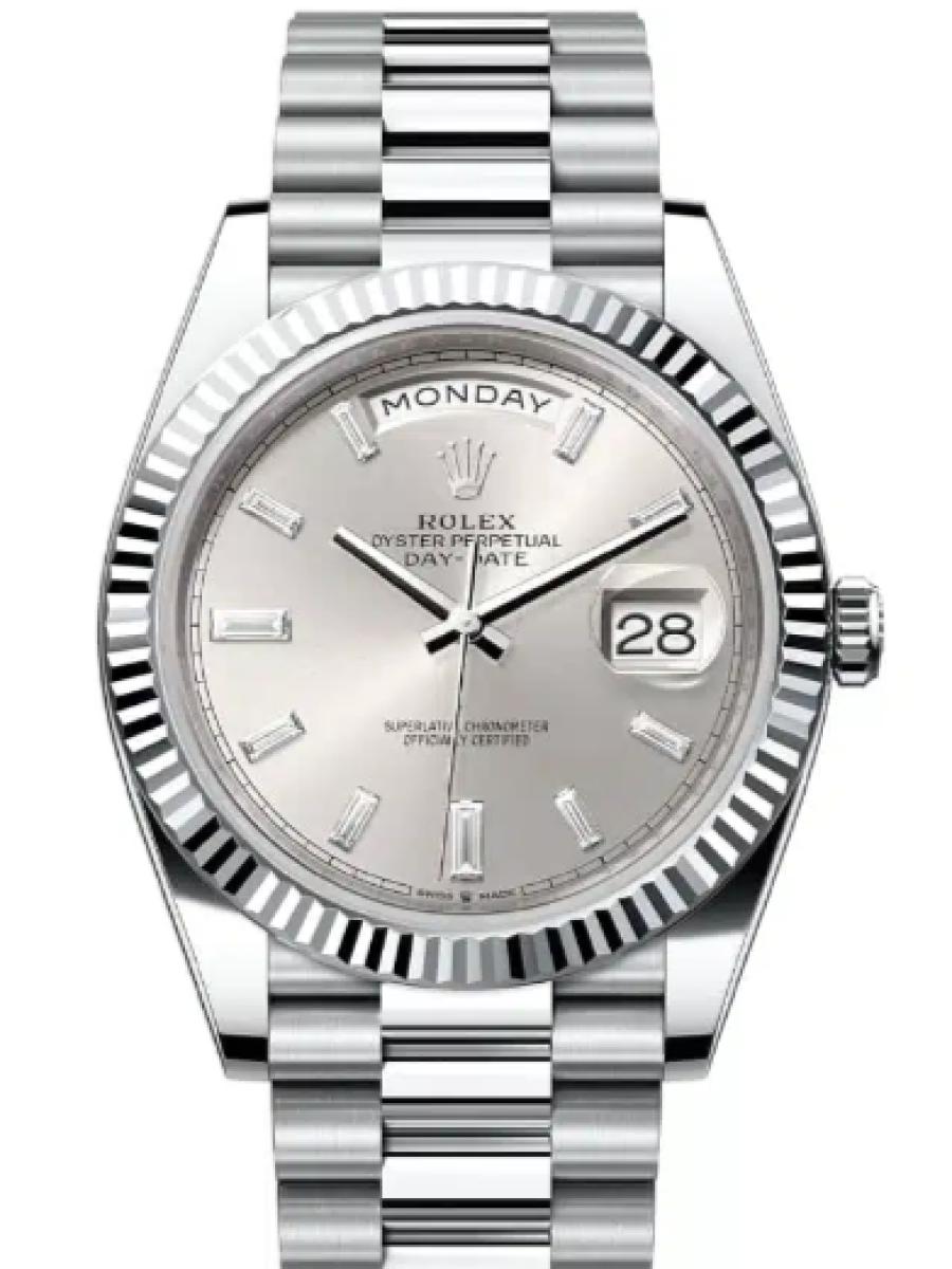 ロレックス デイデイト 228236-0002 シルバー プラチナ　ダイヤインデックス　フルーテッドベゼル メンズ　40ｍｍ　キャリバー 3255　パワーリザーブ 約70時間　プレジデントブレス(新品未使用)