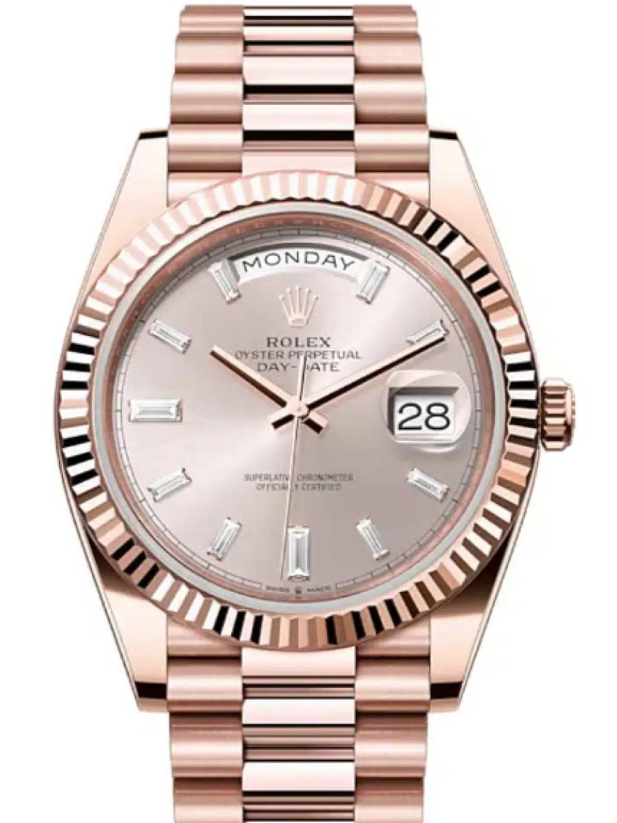 ロレックス デイデイト 228235-0004 サンダスト エバーローズゴールド　サンダストダイヤル　ダイヤインデックス　フルーテッドベゼル メンズ　40ｍｍ　キャリバー 3255　パワーリザーブ 約70時間　プレジデントブレスｍｍ(新品未使用)