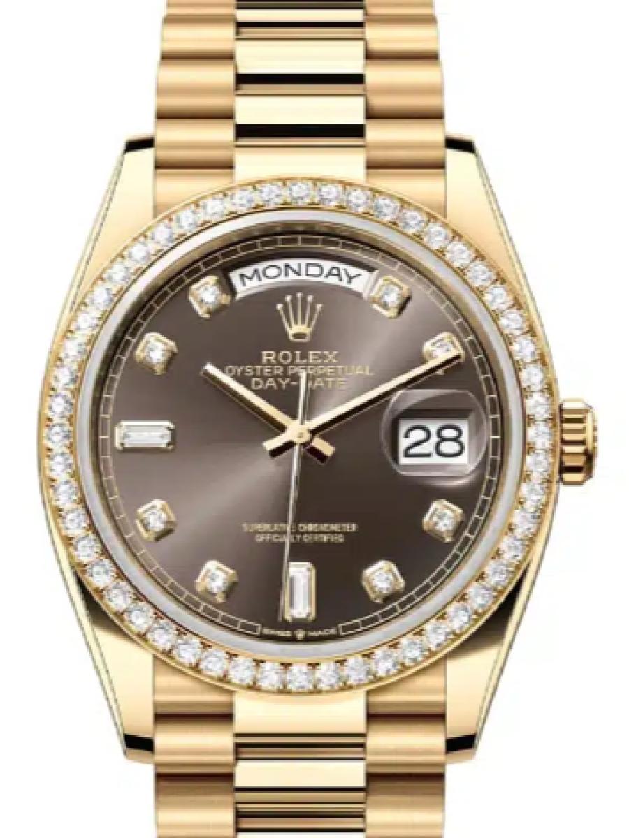 ロレックス デイデイト 128348rbr-0005 ダークグレー イエローゴールド　ダイヤモンドインデックス　ダイヤベゼル ユニセックス　36ｍｍ　キャリバー 3255　パワーリザーブ 約70時間　プレジデントブレス(新品未使用)