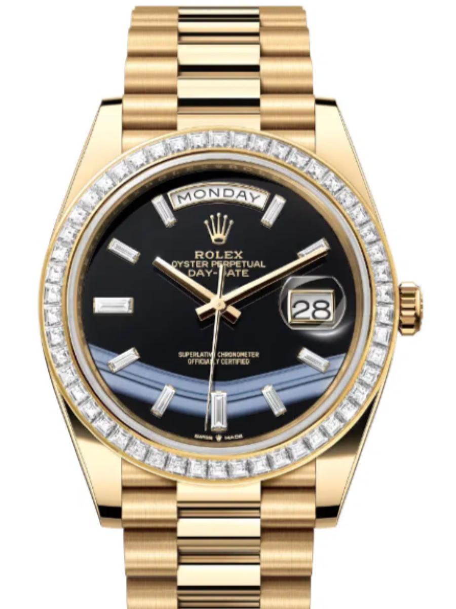 ロレックス デイデイト 228398tbr-0038 オニキス イエローゴールド　ダイヤモンドベゼル　ダイヤインデックス　オニキスダイヤル メンズ　40ｍｍ　キャリバー 3255　パワーリザーブ 約70時間　プレジデントブレス40(新品未使用)