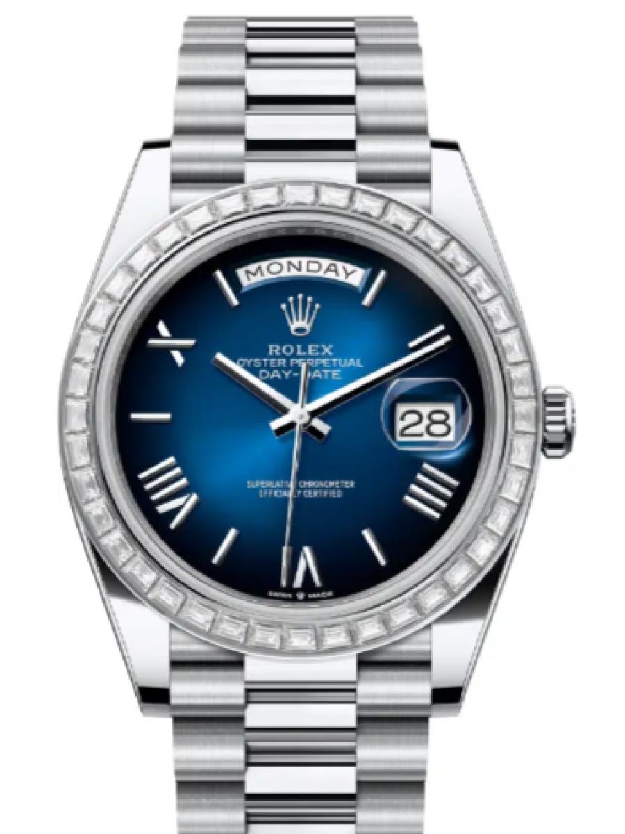 ロレックス デイデイト 228396tbr-0042 ブルー プラチナ　ダイヤモンドベゼル　ローマインデックス メンズ　40ｍｍ　キャリバー 3255　パワーリザーブ 約70時間　プレジデントブレス(新品未使用)