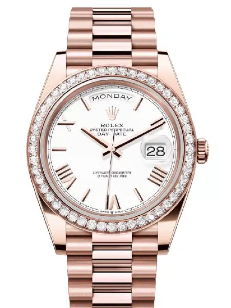 ロレックス デイデイト 228345rbr-0012 ホワイト エバーローズゴールド　ダイヤモンドベゼル　ローマインデックス メンズ　40ｍｍ　キャリバー 3255　パワーリザーブ 約70時間　プレジデントブレスｍｍ(新品未使用)