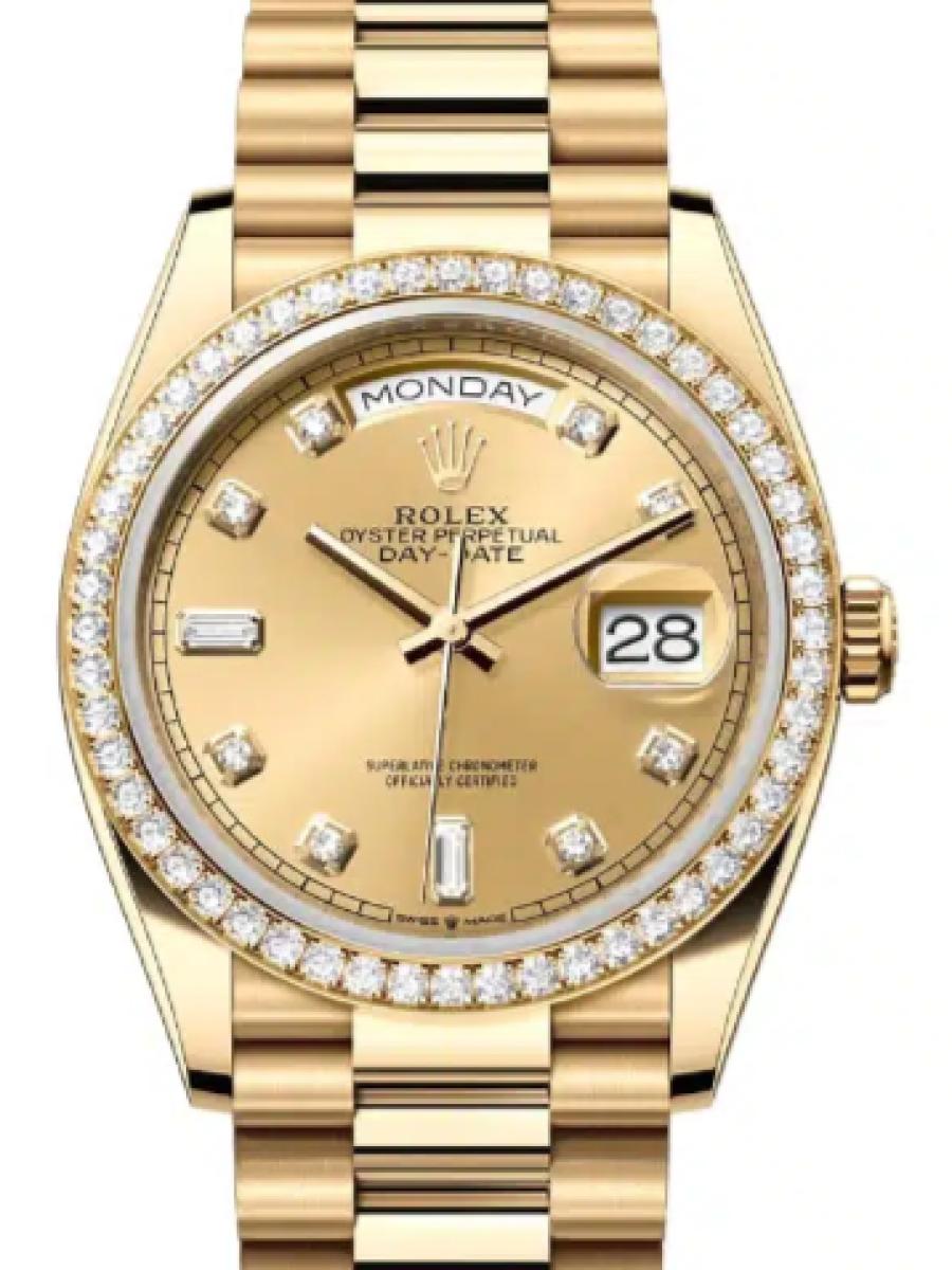 ロレックス デイデイト 128348rbr-0008 シャンパンカラー イエローゴールド　ダイヤモンドベゼル　ダイヤインデックス ユニセックス　36ｍｍ　キャリバー 3255　パワーリザーブ 約70時間　プレジデントブレス(新品未使用)