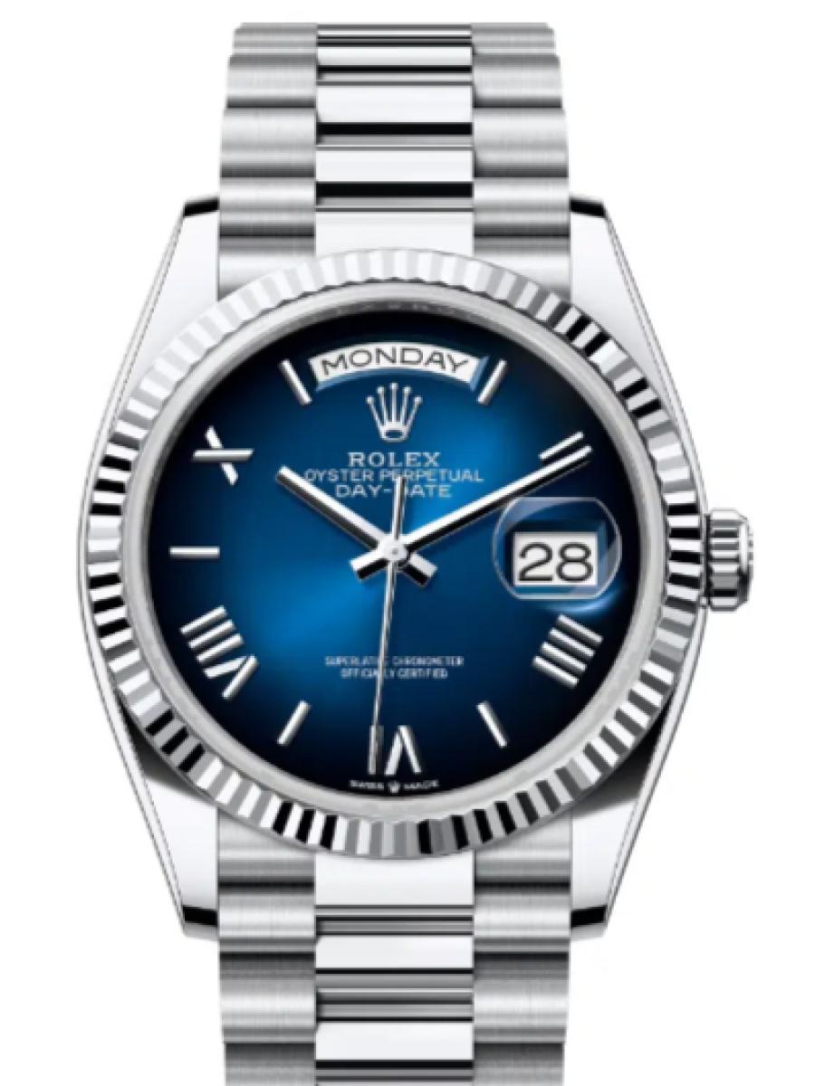 ロレックス デイデイト 128236-0020 ブルー プラチナ　ブルーオンブレ　ローマインデックス ユニセックス　36ｍｍ　キャリバー 3255　パワーリザーブ 約70時間　プレジデントブ(新品未使用)